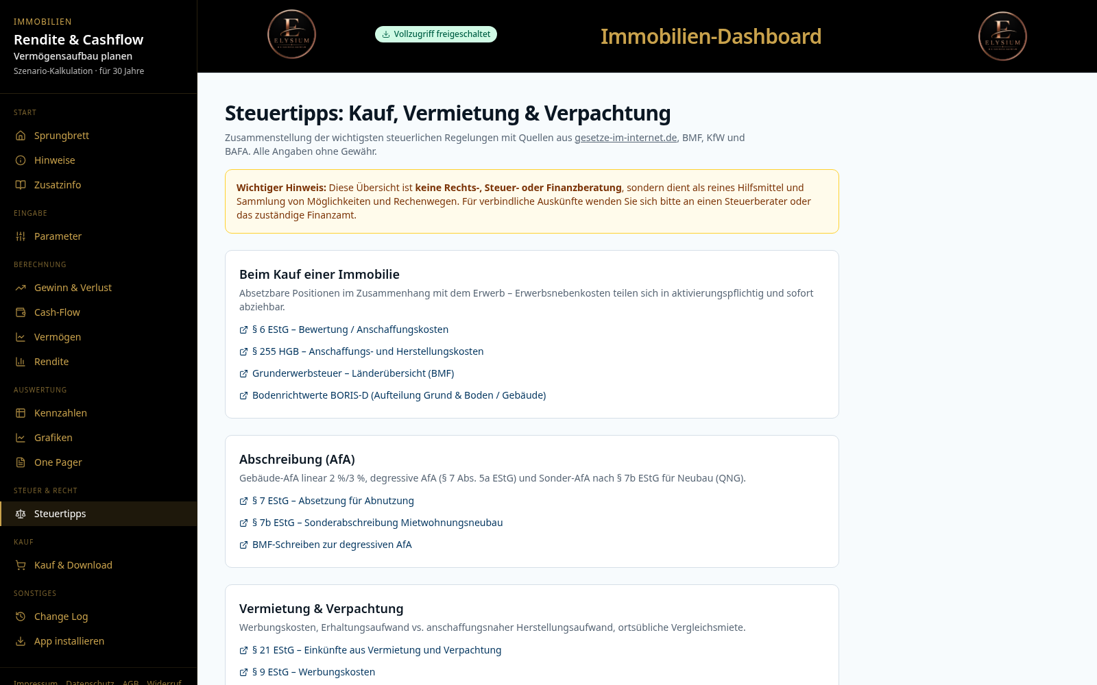 Steuertipps & AfA – Vorschau aus dem Dashboard